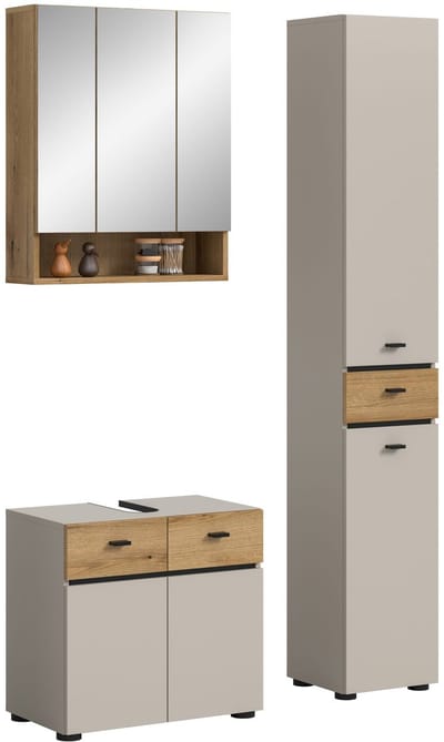 Compacte 3-delige badcombinatie in kasjmier - Spiegelkast- ladekast en hoge kast - 107x191x35cm