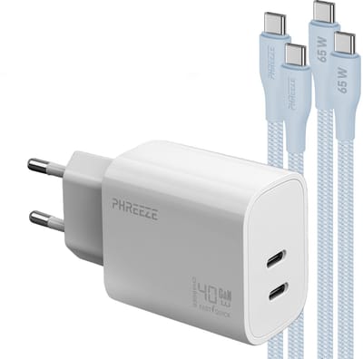 Phreeze usb C snellader 40 W - Power adapter met 2 usb C naar usb C kabels 1m blauw - Voor laptop en powerbank