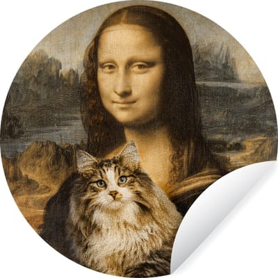 WallCircle® - Behangcirkel 50x50 cm - Muurstickers Mona Lisa - Kat - Leonardo da Vinci - Vintage - Kunstwerk - Oude meesters - Schilderij - Muurcirkel woonkamer - Wandcirkel slaapkamer - Kamer decoratie zelfklevend - Muurdecoratie accessoires