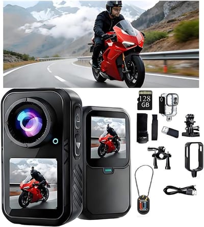 Mini sportcamera met dubbel scherm, actiecamera voor op de duim, draagbaar op de borst voor POV-opnamen met EIS-stabilisatie, wifi-afstandsbediening voor motorrijden, hardlopen, fietsen, zwemmen, wandelen en andere avonturen (5k-128gb)