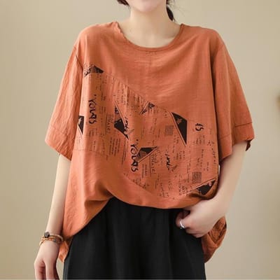 Nieuwe Zomerstijl Literaire Losse Grote Maat Bedrukte Ronde Hals Katoen Linnen Korte Mouw T-shirt voor Dames, Veelzijdige Casual Tops XL brown