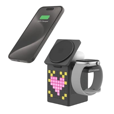 6-in-1 Draadloze Oplader Station 15W– Bluetooth Speaker & led klok – Iphone, Samsung/ Smatphones - Smartwatch & AirPods- Snel opladen