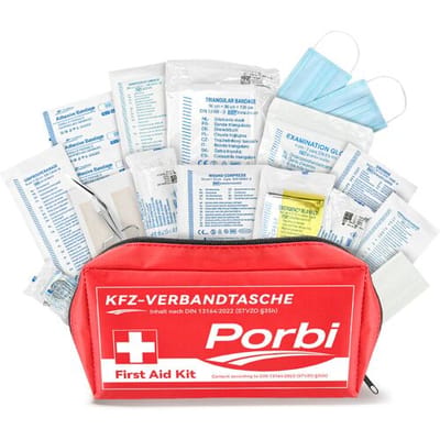 Porbi conform DIN 13164 auto-EHBO-kit, bevat alle noodzakelijke medische noodvoorzieningen voor voertuigen, reizen en pechhulp, Rood