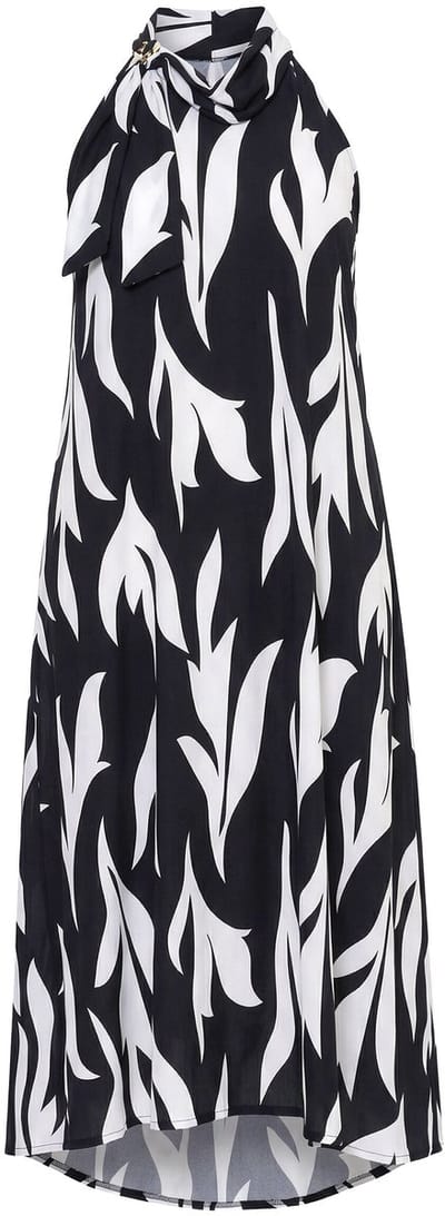 Ulla Popken - Dames - Maxi-jurk bladeren opstaande kraag siergesp mouwloos - Zwart - Maat 42+