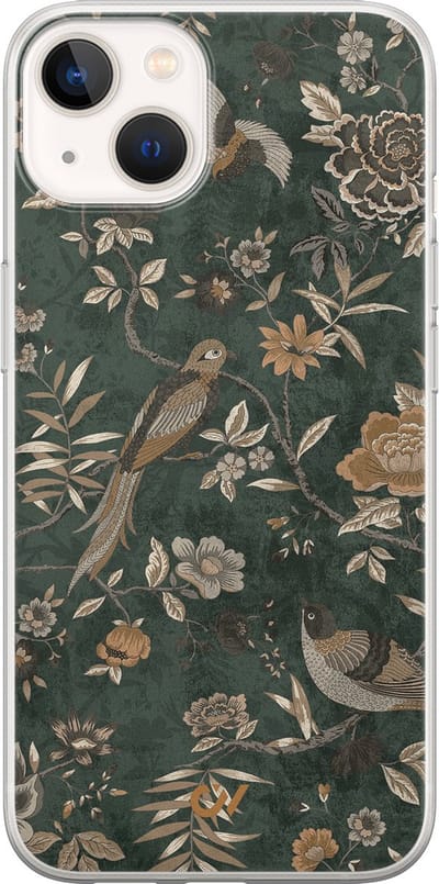 Hoesje geschikt voor Apple iPhone 13 - Khaki Golden Flowers - - Groen - Apple - Casevibes