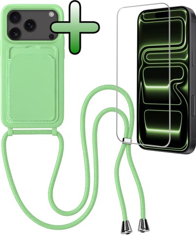 Hoes Geschikt voor iPhone 17 Pro Max Hoesje Pas Houder Case Hoes Met Koord Met Screenprotector - Hoesje Geschikt voor iPhone 17 Pro Max Hoes Met Telefoonkoord Pasjeshouder Cover - Groen