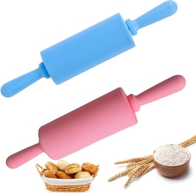 Set van 2 Siliconen Deegrollers - Antimicrobieel, Roestvrij en Herbruikbaar voor Bakken en Koken Thuis (Roze, Blauw)