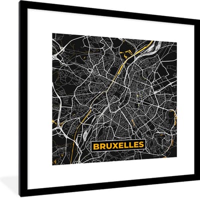 Fotolijst incl. Poster - Brussel - Goud - Stadskaart - Plattegrond - Kaart - 40x40 cm - Posterlijst