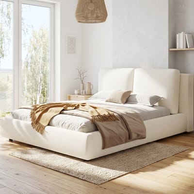 MIVRAY Bed 160x200 cm - Tweepersoonsbed Met Hydraulische Opbergruimte en Lattenbodem - Zonder Matras - Bouclestof - Beige