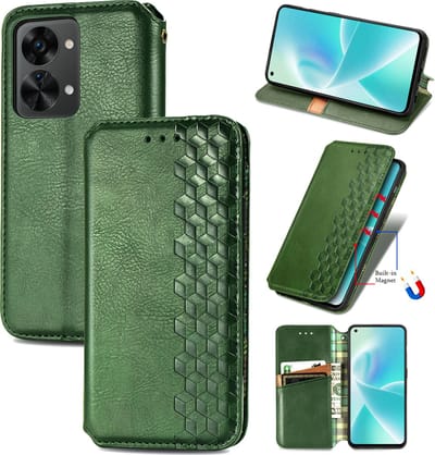 Luxe PU Lederen Ruitpatroon Wallet Case + Glas Screenprotector voor OnePlus Nord 2T _ Groen