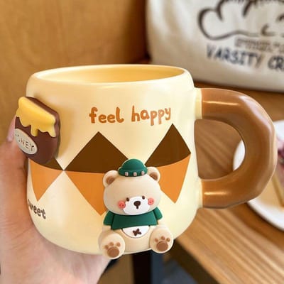 Honingbeer Mok Verdikt Keramiek met Deksel en Lepel Koffiekop 3D Magnetisch Afneembaar Adsorptie Hanger Drinkware 420ML