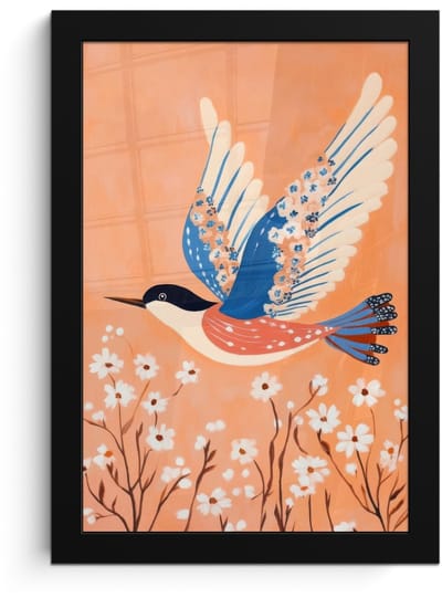 Poster in lijst - Fotolijst 20x30 cm - Posters - Vogel - Bloesemtakken - Warm - Kleurrijk - Posterlijst zwart - Decoratie - Wanddecoratie woonkamer - Muurdecoratie slaapkamer