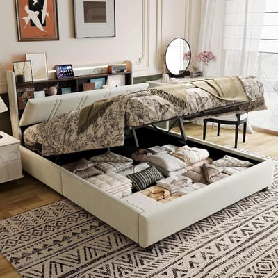 Tweepersoonsbed - Led-bed Frame - Opbergen Slapen - Met Stekkerdoos - 140 x 200 cm - Zwart