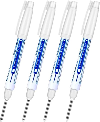 Daity 4-delige diepgatmarker - lange punt - 30 mm - fijne punt - markeergereedschap voor houtbewerking - bouw en metaalbewerking (wit)