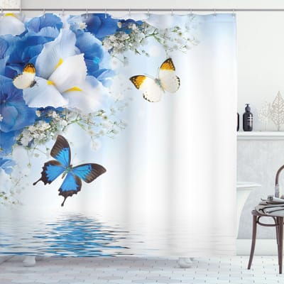 New Bed, Blauwe Bloemendecor met Vlinder Douchegordijn Badkamer Decor Set met Haakjes, 175 cm B 220 cm L
