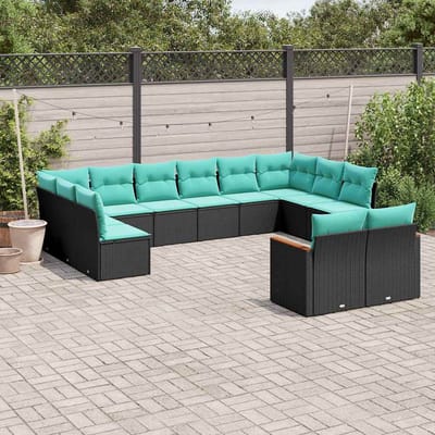 vidaXL - 12-delige - tuinbankset - met - kussens - van - zwart - polyrotan