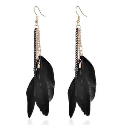 Deja Dames Oorbellen Ketting en 3 Veertjes - Zwart