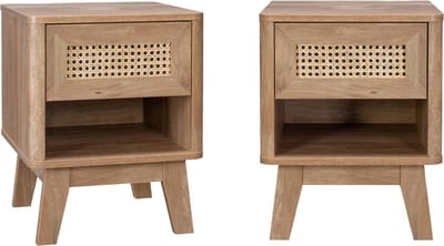 sweeek - Set van 2 nachtkastjes met 1 lade en 1 vak, houtdecor en rieteffect, eucalyptuspoten