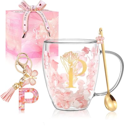 Dailygoods- Koffiemokken Dubbelwandig - Glazen Mokken met Gedroogde Bloemen - Hittebestendig Borosilicaatglas - Persoonlijke Initialen - Geschikt voor Warme/Koude Dranken - Theekopjes
