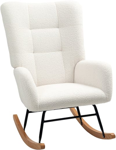 Merax Schommelstoel Crème Wit – Comfortabele Relaxstoel Met Teddy Stof - Houten Schommelpoten En Armleuningen – Moderne Loungestoel Voor Woonkamer En Slaapkamer