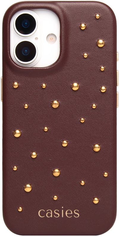 Casies studs hoesje geschikt voor iPhone 13 - Dark brown - Vegan leer - Donkerbruin telefoonhoesje