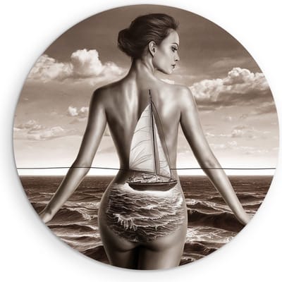 Saammp Muurcirkel Hout - Vrouw met doorkijk van een boot - abstract - Ø 90 - Wandcirkel - Wanddecoratie Cirkel - Muurdecoratie Woonkamer - Slaapkamer decoratie - Rond Schilderij