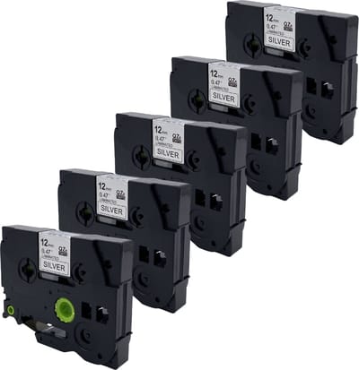 DULA Brother Compatible label tape- Tze-931 - 5 cassettes - Brother P-Touch - Zwart op zilver - 12mm x 8m
