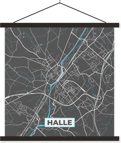 Posterhanger incl. Poster 60x60 cm - Schoolplaat - België – Halle – Stadskaart – Kaart – Blauw – Plattegrond - Textielposter - Zwarte latten - Stadskaart