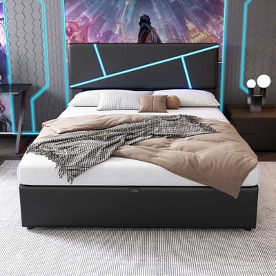 VVBV Comfortabel Gestoffeerd Bed 140x200 cm met LED-Verlichting, Tweepersoonsbed met Opbergruimte, Lattenbodem & PU-Leer, Zwart