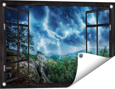 Gards Tuinposter Doorkijk Onweer in het Bos - Bliksem - 60x40 cm - Tuindoek - Tuindecoratie - Wanddecoratie buiten - Tuinschilderij
