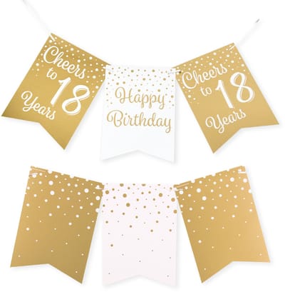 Q2P - 18 Jaar Versiering - Slingers - Verjaardag Versiering - Decoratie - Wit & Goud - Vlaggenlijn - 1 Stuk