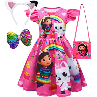 Robe Fille Manches Courtes La Maison Magique de Gabby Princesse Gabby Chat Jupe Tutu en Maille Fête d'Anniversaire Enfant Robe Déguisement Costume 120(5-6Years) pink