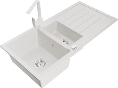 Mexen Andres granieten spoelbak 1,5-kamer met afdruiprek en keukenmengkraan Rita, wit - 6515-20-670300-20