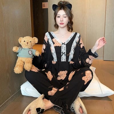Pijama Dames Grote Maat Kersenprint Nachtkleding Set Top met Lange Mouwen+Broek Ruches Homewear Huidvriendelijk Ademend 6XL gray