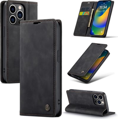 Casemania Hoesje Geschikt voor Apple iPhone 14 Pro Charcoal Gray - Dunne Portemonnee Book Case - Slim Wallet Case met Pasjeshouder