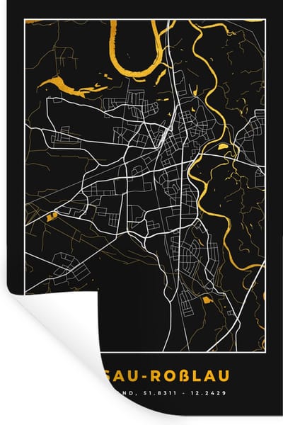 Muurstickers - Sticker Folie - Black and Gold – Stadskaart – Desseau Roßlau – Duitsland – Plattegrond – Kaart - 20x30 cm - Plakfolie - Muurstickers Kinderkamer - Zelfklevend Behang - Zelfklevend behangpapier - Stickerfolie