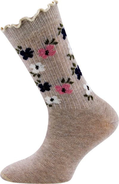 Ewers Kindersokken Meisjes - Bloemetjes en Fijne Rib - Ruche Randje - Beige-Ecru-23/26