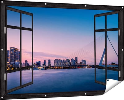 Gards Tuinposter Doorkijk Erasmusbrug in Rotterdam met Zonsondergang - 150x100 cm - Tuindoek - Tuindecoratie - Wanddecoratie buiten - Tuinschilderij