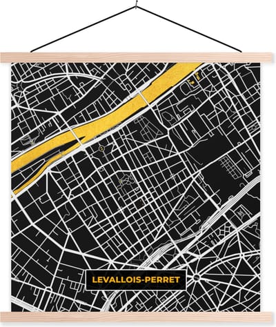 Posterhanger incl. Poster 40x40 cm - Schoolplaat - Plattegrond - Levallois-Perret - Stadskaart - Frankrijk - Kaart - Textielposter - Blanke latten - Stadskaart