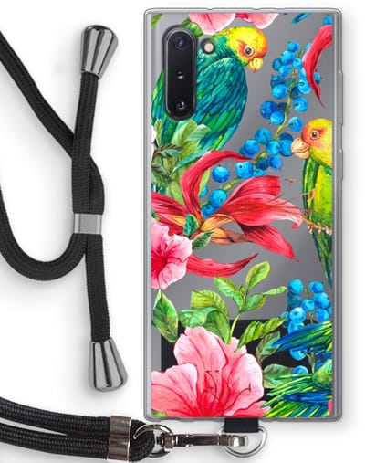 Case Company® - Hoesje met koord geschikt voor Samsung Galaxy Note 10 hoesje met Koord - Papegaaien - Telefoonhoesje met Zwart Koord - Bescherming aan alle Kanten en Over de Schermrand