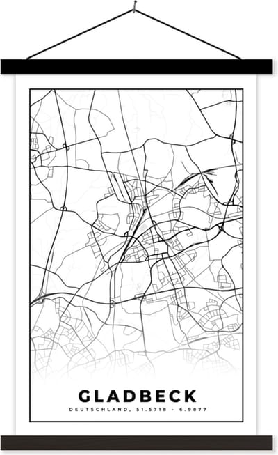 Posterhanger incl. Poster 40x60 cm - Schoolplaat - Plattegrond - Stadskaart - Gladbeck - Kaart - Textielposter - Zwarte latten - Stadskaart