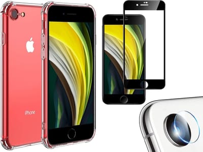 Hoesje geschikt voor iPhone SE 2022 / SE 2020 / 8 / 7 - Anti Shock Proof Siliconen Back Cover Case Hoes Transparant - Full Screenprotector Tempered Glass - Camera Screen Protector