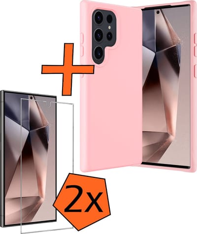 Hoes - Met 2x Screenprotector - Geschikt voor Samsung Galaxy S24 Ultra - Sterk & Shockproof - Back Cover - Siliconen Case - Telefoon Hoes - Lichtroze