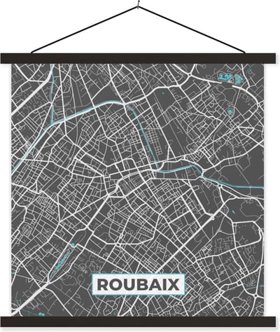 Posterhanger incl. Poster 60x60 cm - Schoolplaat - Roubaix - Frankrijk - Plattegrond - Kaart - Stadskaart - Textielposter - Zwarte latten - Stadskaart
