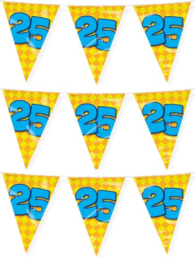Paperdreams verjaardag 25 jaar thema vlaggetjes - 3x - feestversiering - 10m - folie - dubbelzijdig