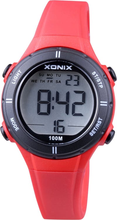 Xonix BAI-A02 - Horloge - Digitaal - Kinderen - Unisex - Siliconen band - ABS - Cijfers - Achtergrondverlichting - Alarm - Start-Stop - Tweede tijdzone - Datumaanduiding - Waterdicht - 10 ATM - Rood - Zwart