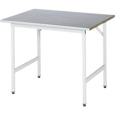 Rau werktafel Jerry, handmatig in hoogte verstelbaar, 25 mm MDF-plaat met plaatstalen bekleding, tot 300 kg, B 1000 x D 1000 x H 800-850 mm, zilver/lichtgrijs