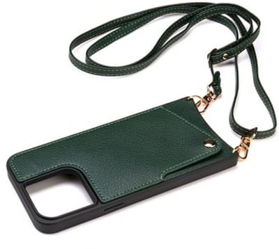 CaseBoutique Backcase hoesje geschikt voor iPhone 15 Pro Max - Effen Donkergroen - Kunstleer - met Crossbody Koord & Pashouder