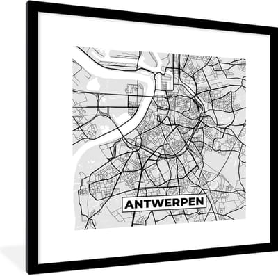 Fotolijst incl. Poster Zwart Wit- België – Antwerpen – Stadskaart – Kaart – Zwart Wit – Plattegrond - 40x40 cm - Posterlijst