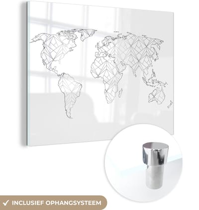 ® Glasschilderij 80x60 cm - Schilderij acrylglas - Wereldkaart - Lijnen - Goud - Foto op glas - Muurdecoratie woonkamer - Wanddecoratie slaapkamer - Schilderijen